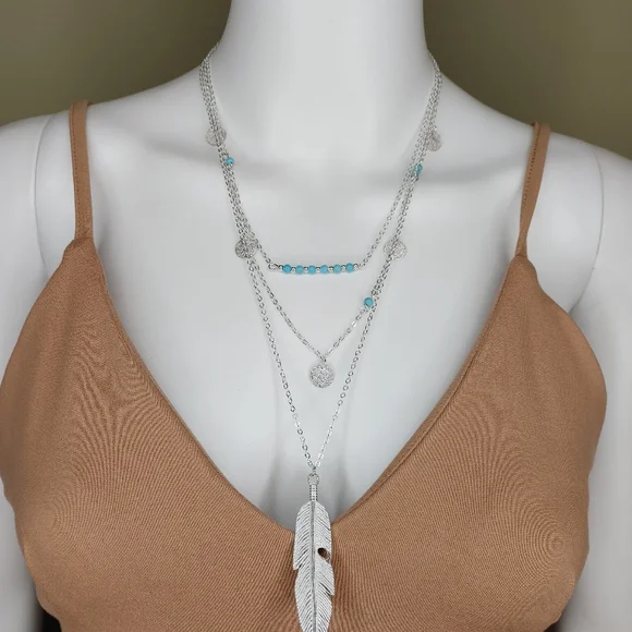Boho Feather Layered Necklace With Simulated Turquoise Beads - Picture 5 of 7